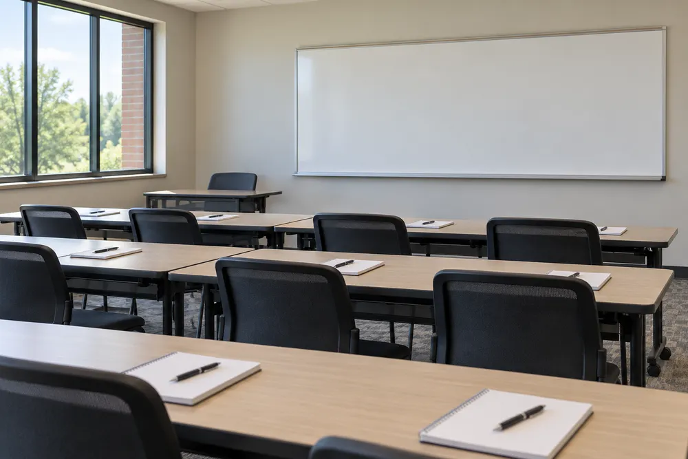 AI-generated illustration of an empty public-safety training classroom with unmarked desks and equipment; not an actual Mississippi facility, official or announcement.