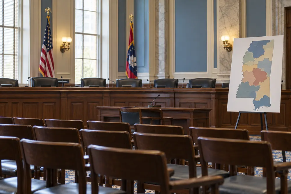 An empty Mississippi legislative hearing room with an abstract state map prepared for redistricting discussion.