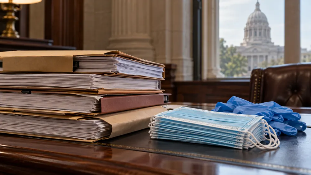 AI-generated editorial illustration of legal case files beside surgical masks and protective gloves in a Missouri government office.