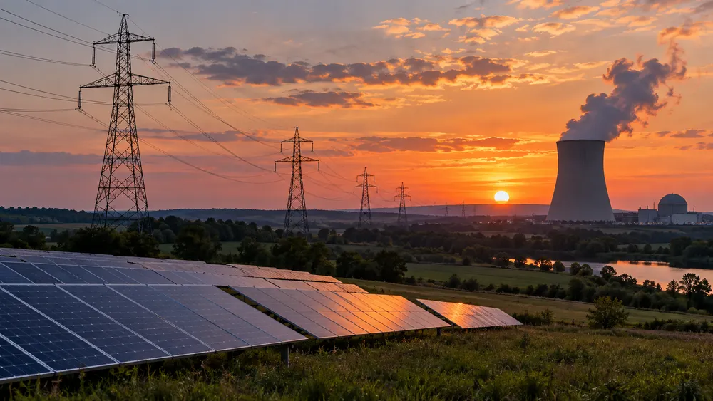 Transmission lines cross Missouri farmland at dusk beside a distant power station and solar panels, illustrating the state energy policy debate.