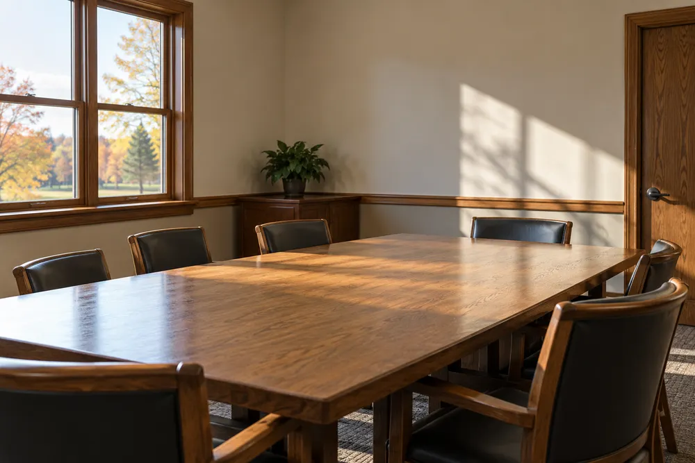 AI-generated illustration of an empty county-government meeting room; not a photograph of a Missouri sheriff, courthouse proceeding or election event.
