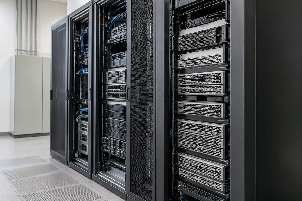 AI-generated illustrative image of unbranded rack servers in a computing equipment room; not a Modal facility or a depiction of Vera hardware.