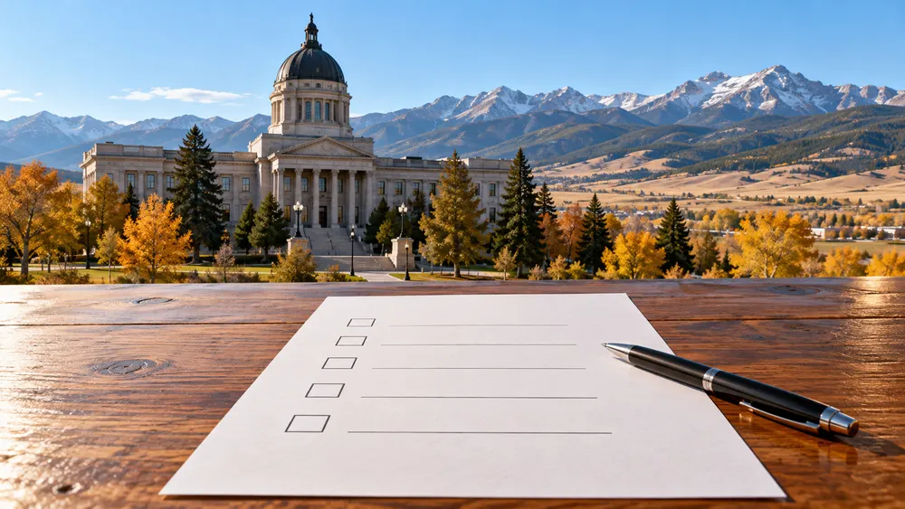 AI-generated editorial illustration of a blank ballot before a courthouse and Montana mountain landscape.