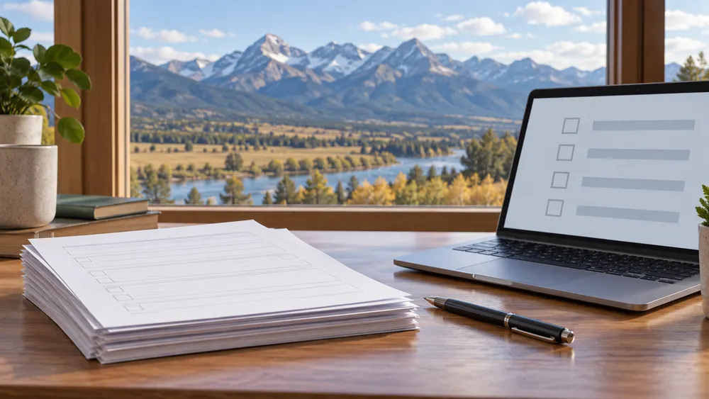 Blank benefit forms and a laptop with abstract checkboxes sit on a desk overlooking Montana mountains, illustrating Medicaid compliance paperwork.