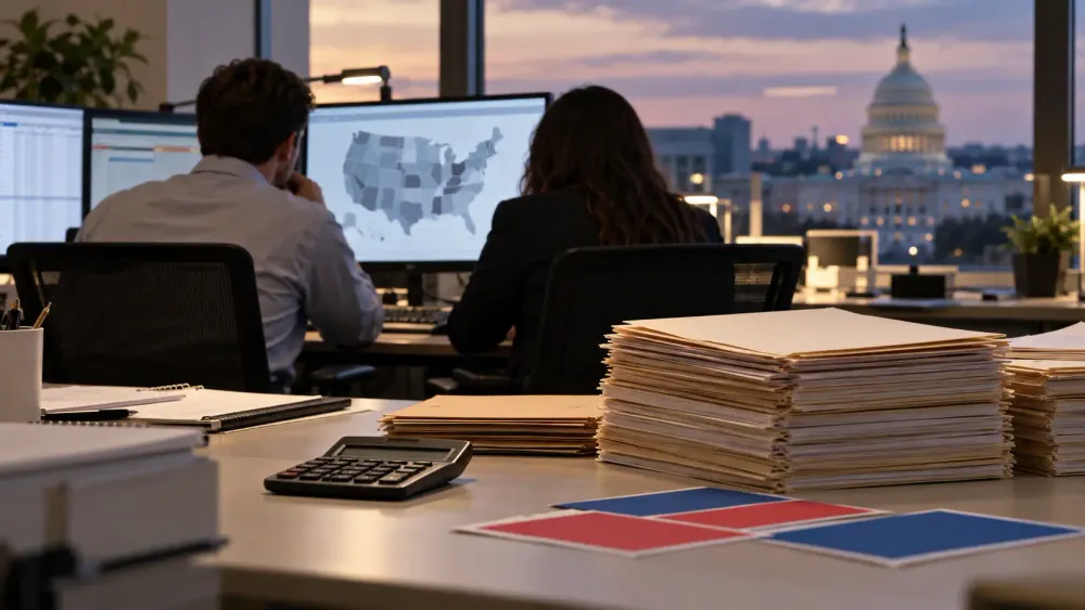 Political campaign staff review an unlabeled U.S. map beside financial files and a calculator with the Capitol visible at dusk.