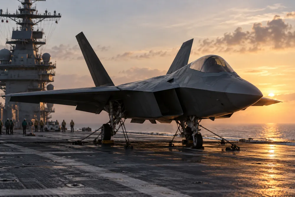 Generic next-generation carrier aircraft secured on a flight deck at dawn