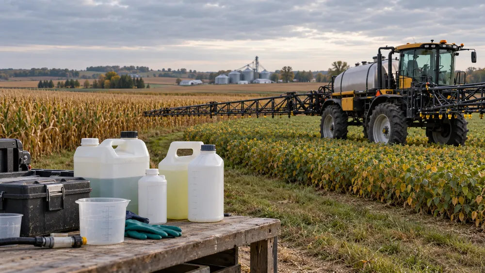 Illustrative Nebraska cropland with a farm sprayer and unbranded agricultural supply containers.