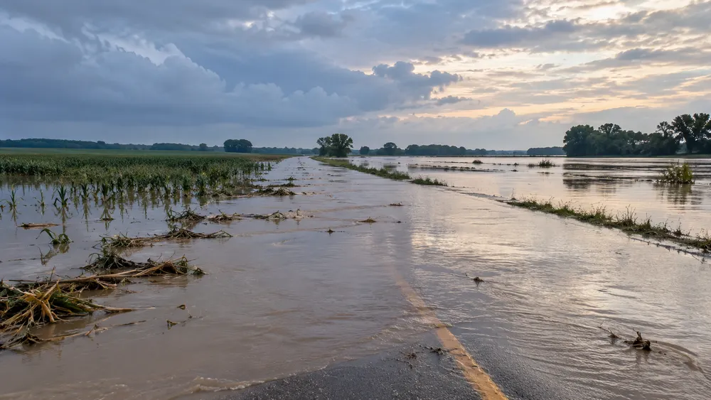 Floodwater covering a rural road and adjacent fields in southeast Nebraska beneath clearing storm clouds, shown as a restrained editorial illustration