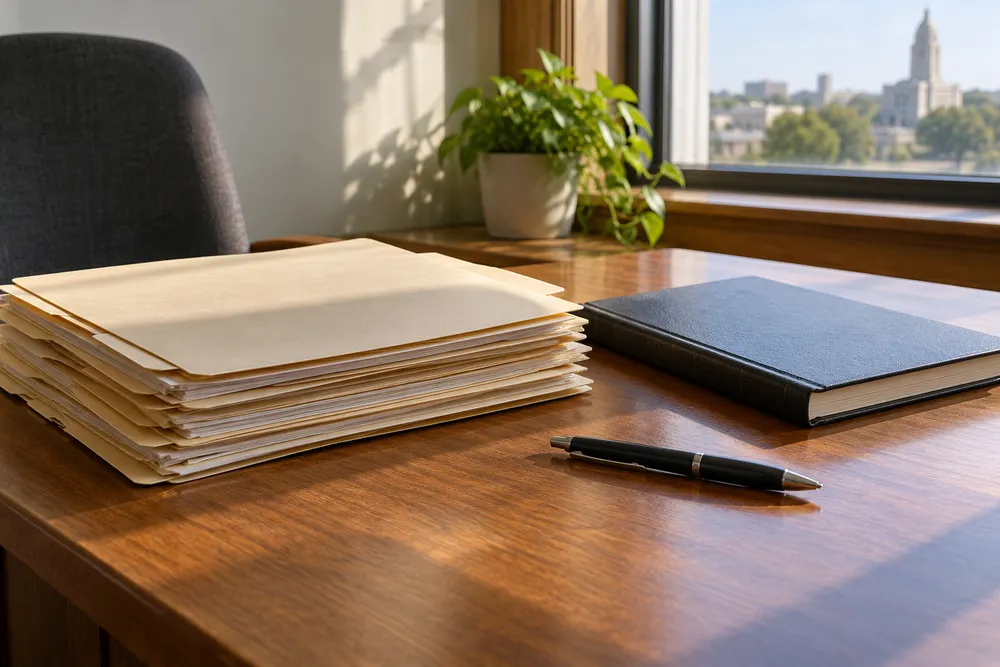 AI-generated editorial illustration of unmarked document folders and a pen on an empty office desk; not an actual party office or campaign record.
