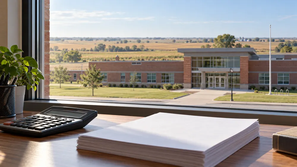 A calculator and blank budget papers on a desk overlooking a public school in a Nebraska prairie setting.