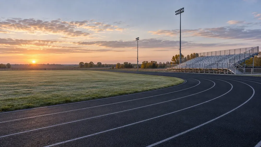 Illustrative view of an empty Nebraska school running track and bleachers at sunrise.