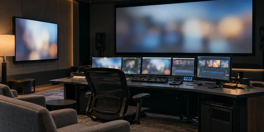 An empty professional streaming-content review suite with multiple editing monitors and a large screening display