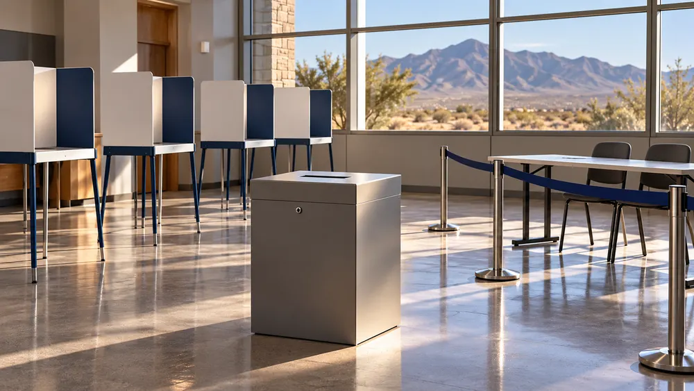 An empty Nevada polling place with voting booths, a ballot box and a separate observer area behind a barrier.