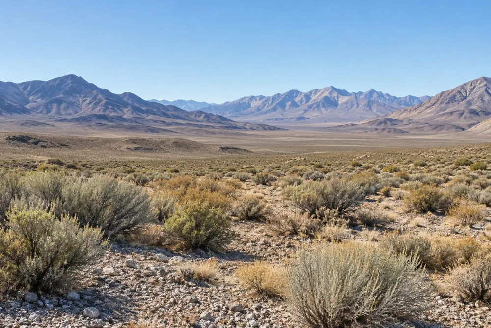 AI-generated editorial illustration of an undeveloped sagebrush basin and distant mountains in a Nevada-like desert; not a photograph of an auction parcel or proposed project.