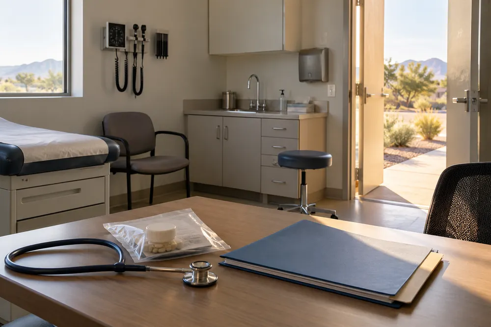 A quiet correctional health clinic treatment room in Nevada with medical supplies and an open doorway suggesting transition to community care, no people or signage