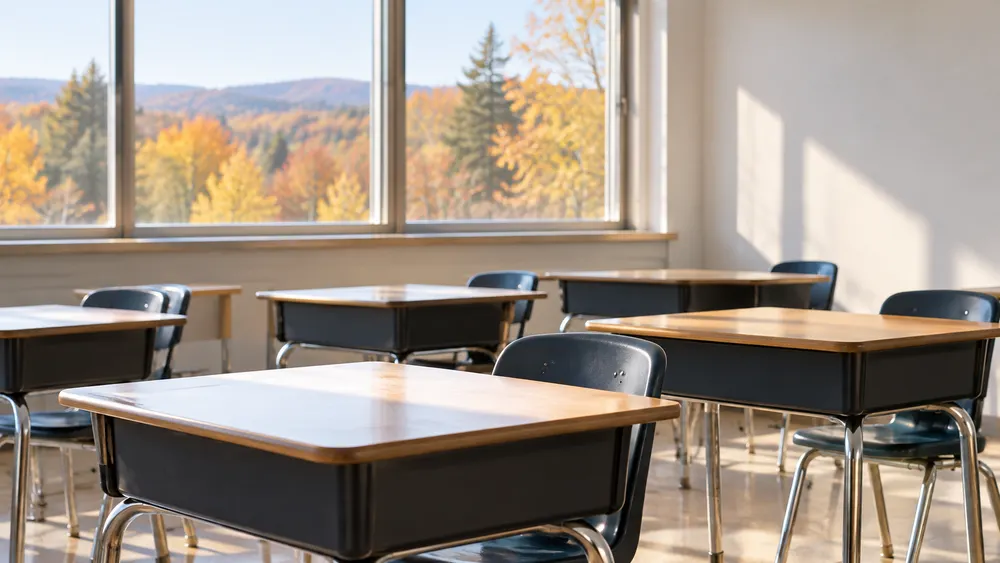 AI-generated illustration of an empty classroom with autumn trees outside; not a photograph of a specific New Hampshire school.