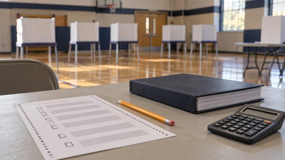 Illustrative school-budget ballot, pencil and calculator on a New Hampshire polling table.