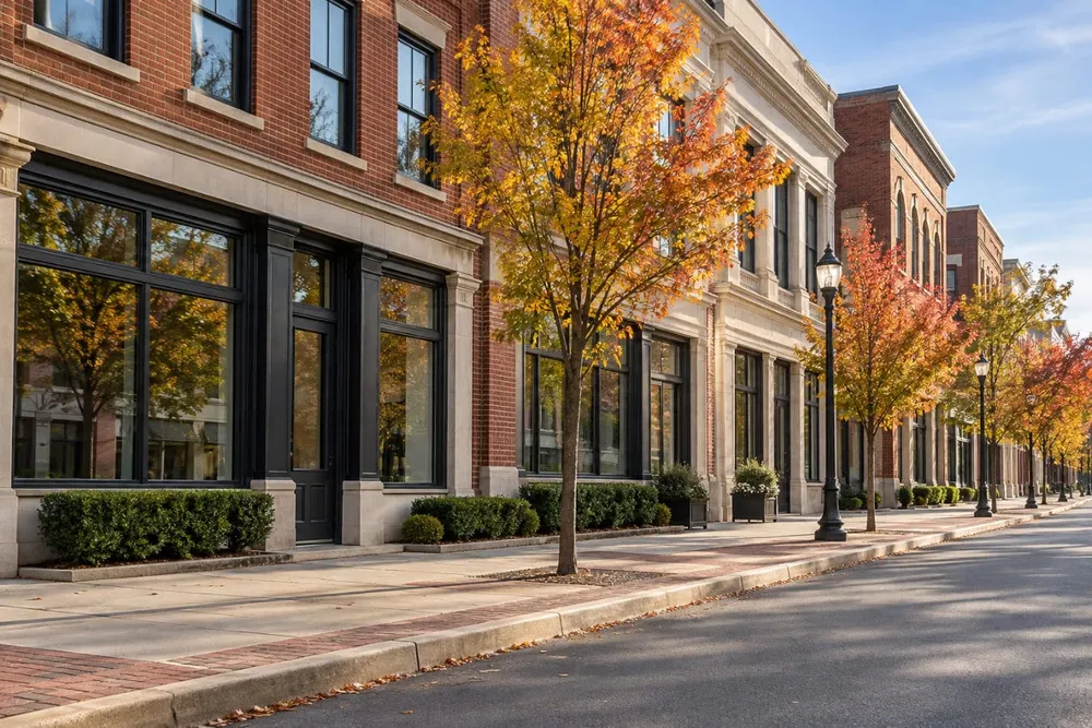 AI-generated editorial illustration of an empty, unbranded New Jersey-like business district in daylight; not a photograph of a specific employer or hiring event.