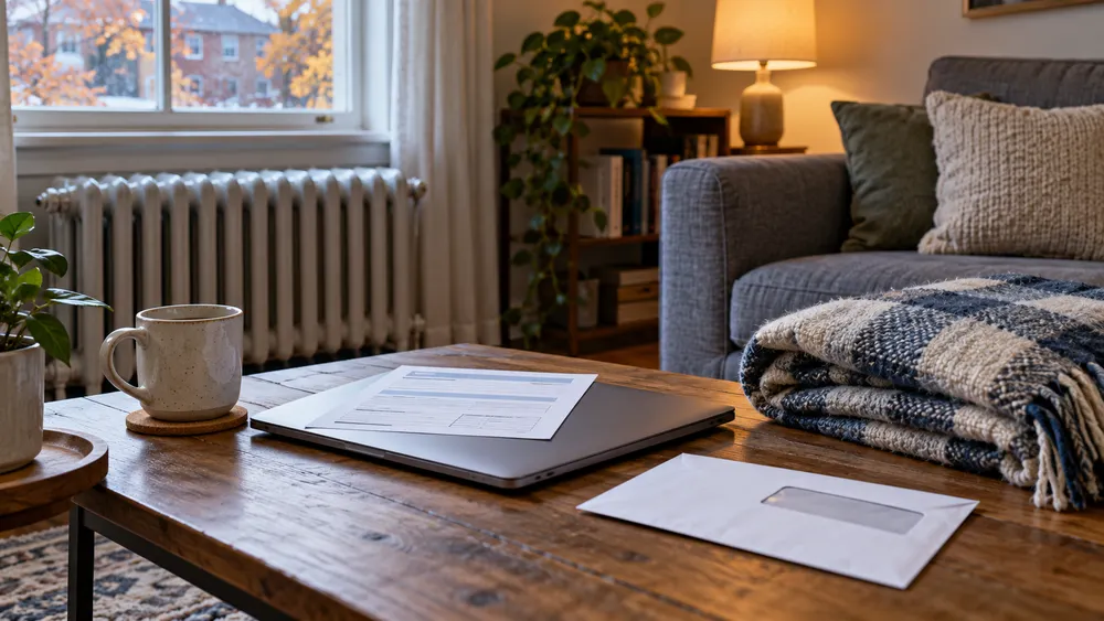 Illustrative New Jersey apartment with radiator, utility envelope and online assistance application.