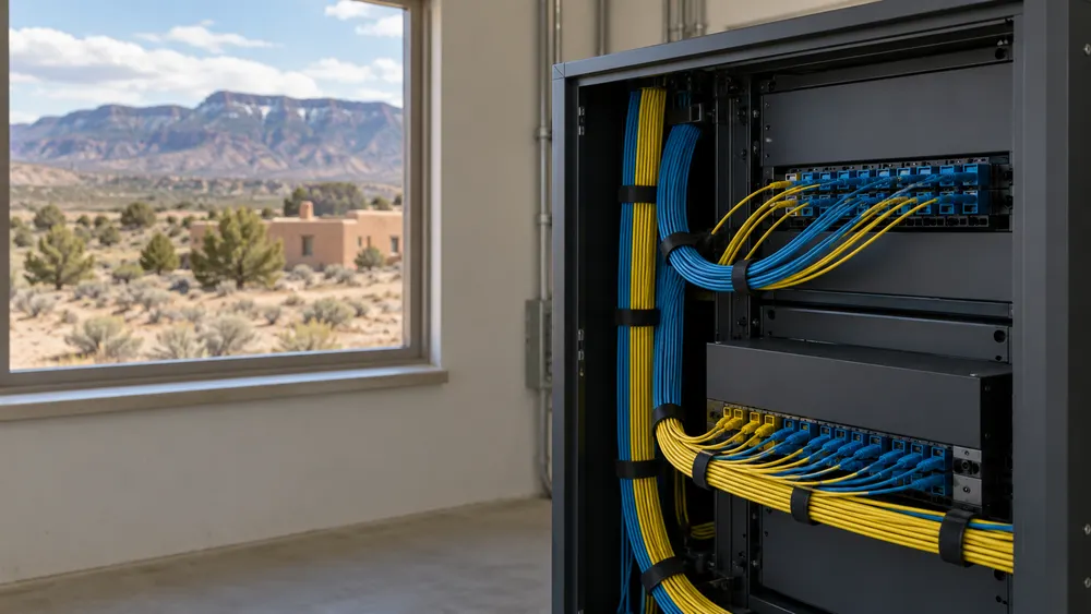AI-generated illustration of unmarked broadband equipment overlooking a northern New Mexico-style landscape; not a photograph of the funded project.