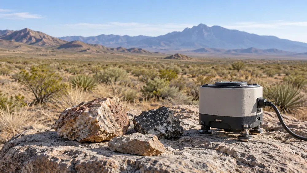AI-generated illustration of rock samples and a portable seismic instrument in a generic New Mexico desert setting; not an actual project site.