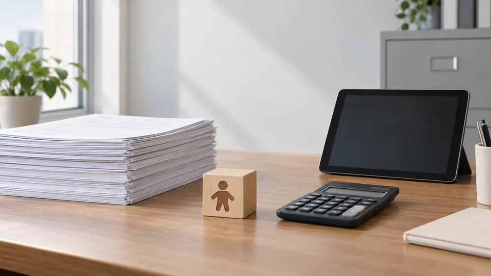 Illustrative office desk with forms, child-care block, calculator and blank tablet representing New York regulatory modernization; AI-generated image.