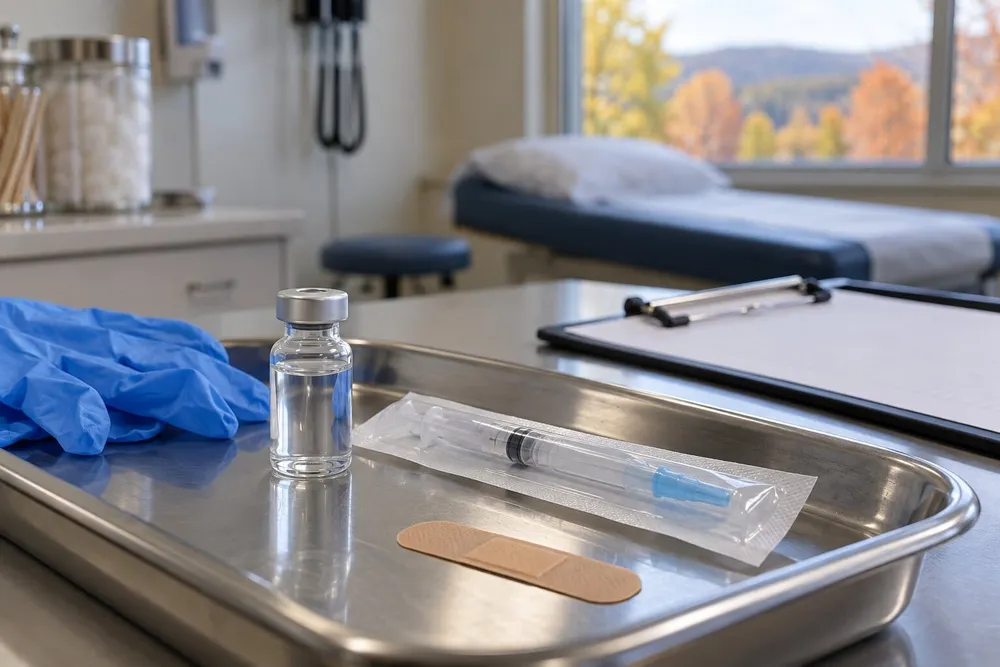 A generic vaccine vial and sealed syringe on a medical tray in a rural clinic.