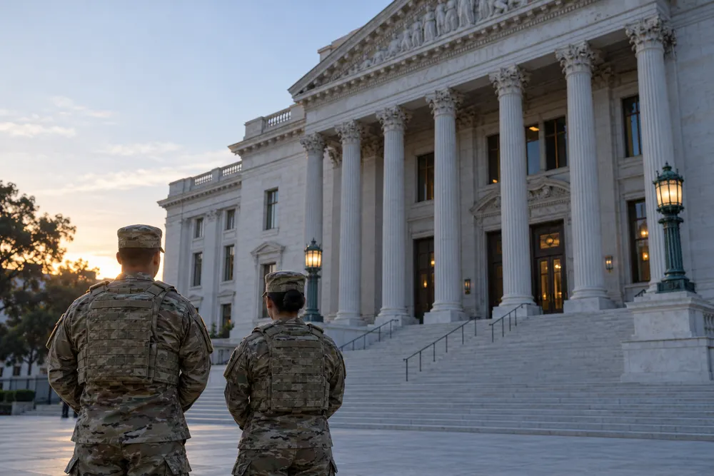 Two National Guard members stand outside a generic federal courthouse at dawn in an AI-generated editorial image.