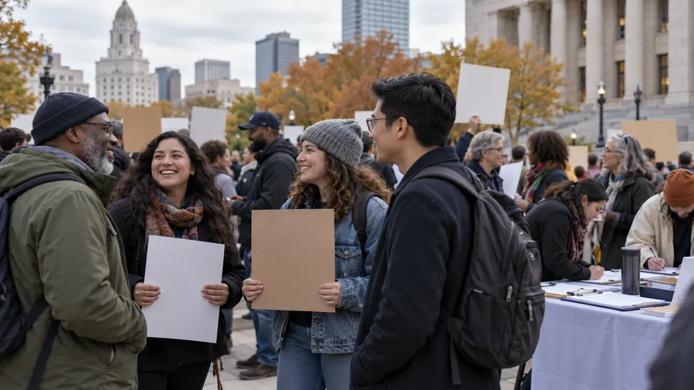 Illustrative image of a diverse group at a peaceful autumn civic rally beside a voter information table