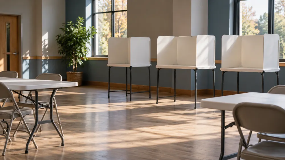 AI-generated illustration of empty, unmarked voting privacy booths in a generic North Carolina community room; not an actual polling site or turnout photograph.