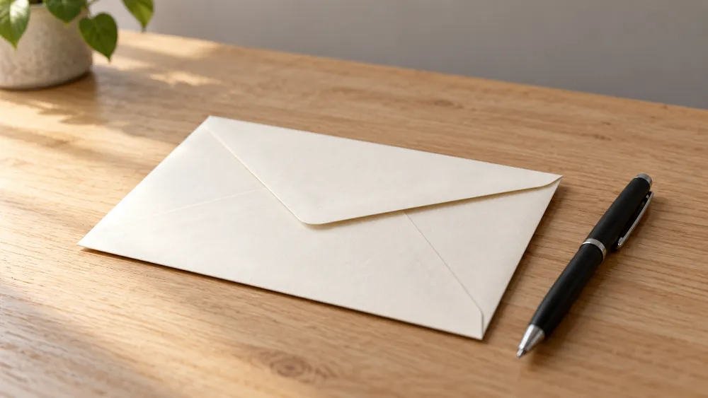 AI-generated illustration of a blank envelope and pen on a wooden table; not an actual ballot or election document.