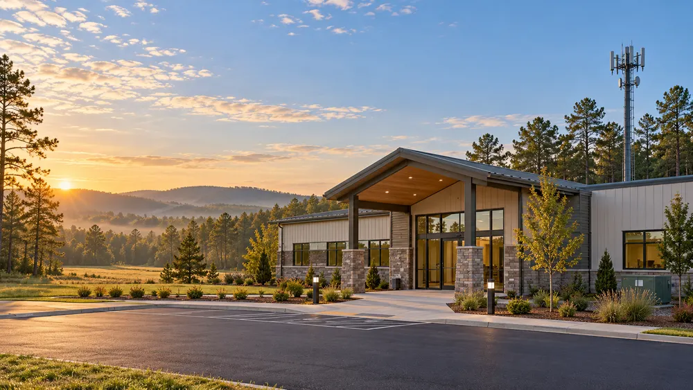 Illustrative rural health clinic building in North Carolina countryside at early morning.