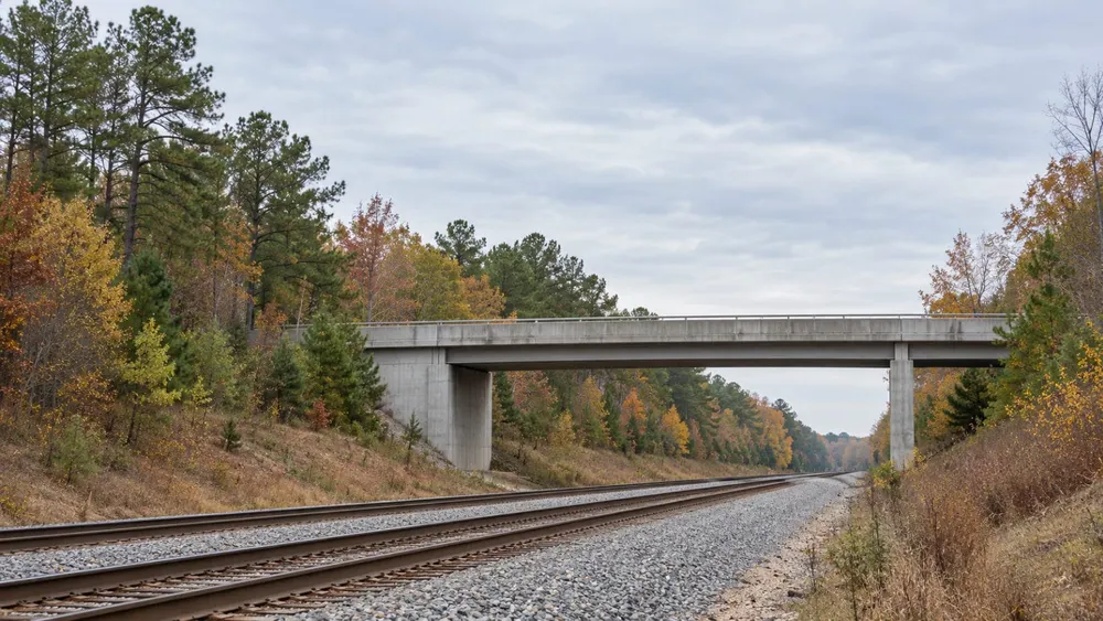 AI-generated editorial illustration of a generic railway corridor and road overpass in a wooded North Carolina setting; not a photograph of S-Line construction.