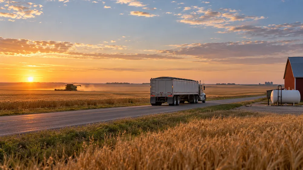 Illustrative grain truck traveling beside North Dakota fields during harvest season.
