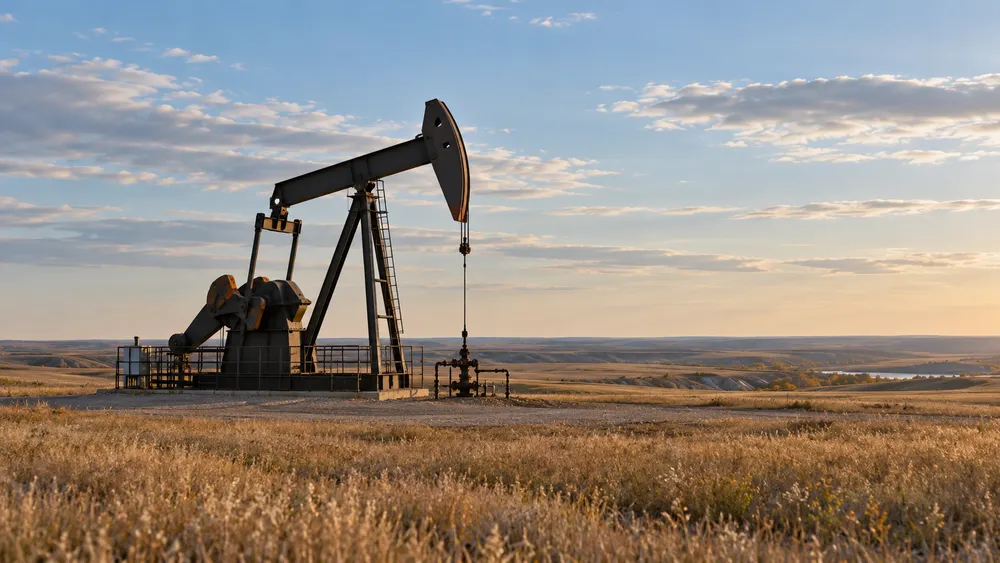 AI-generated illustration of a generic oil pumpjack on open prairie; not a photograph of a specific North Dakota facility or today's briefing.