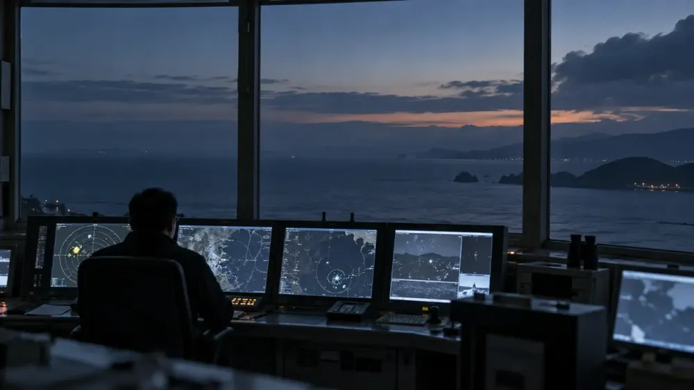 An anonymous analyst monitors abstract radar displays from a coastal security room before sunrise