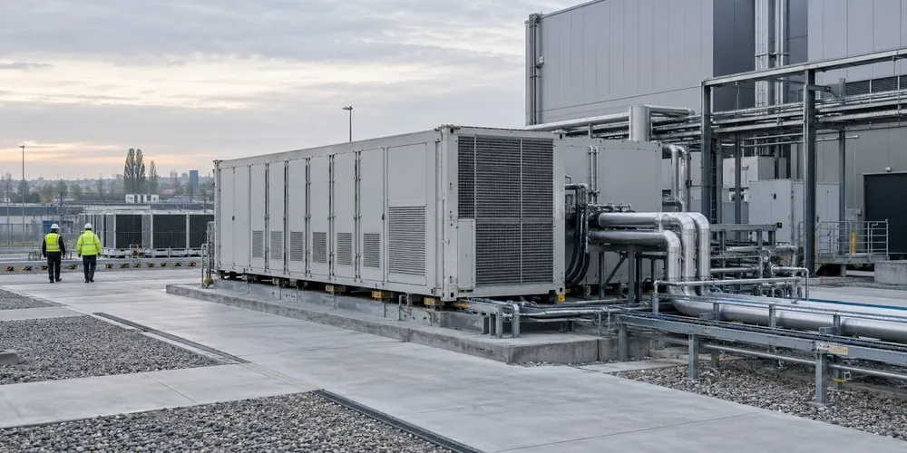 Illustrative modular AI data-center unit with cooling pipes at a prepared industrial site