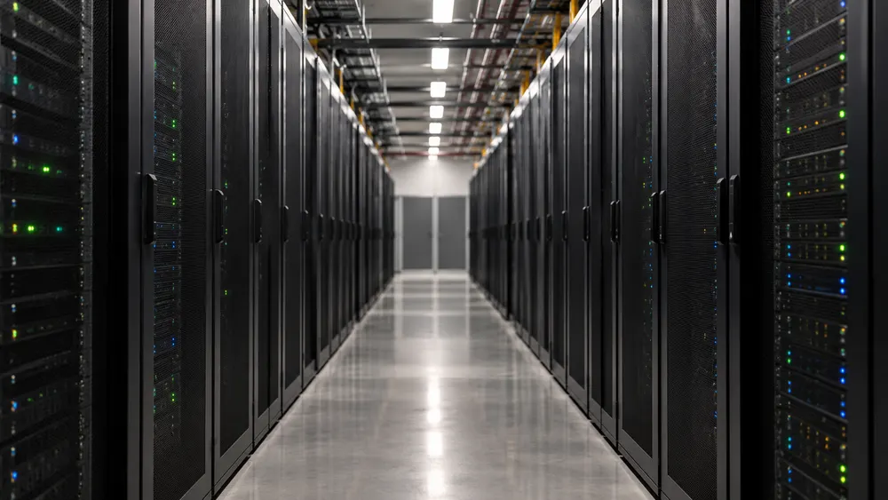 AI-generated illustration of a generic server corridor; not a photograph of the proposed Lordstown data center or an identified facility.