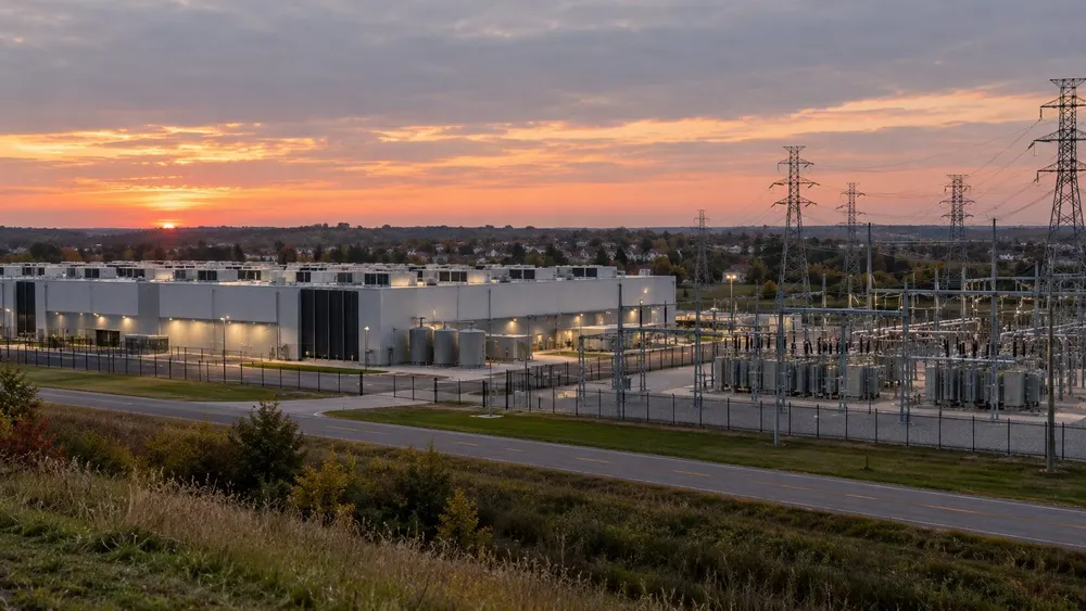 A large data center and electrical substation stand near a Midwestern community at sunset.