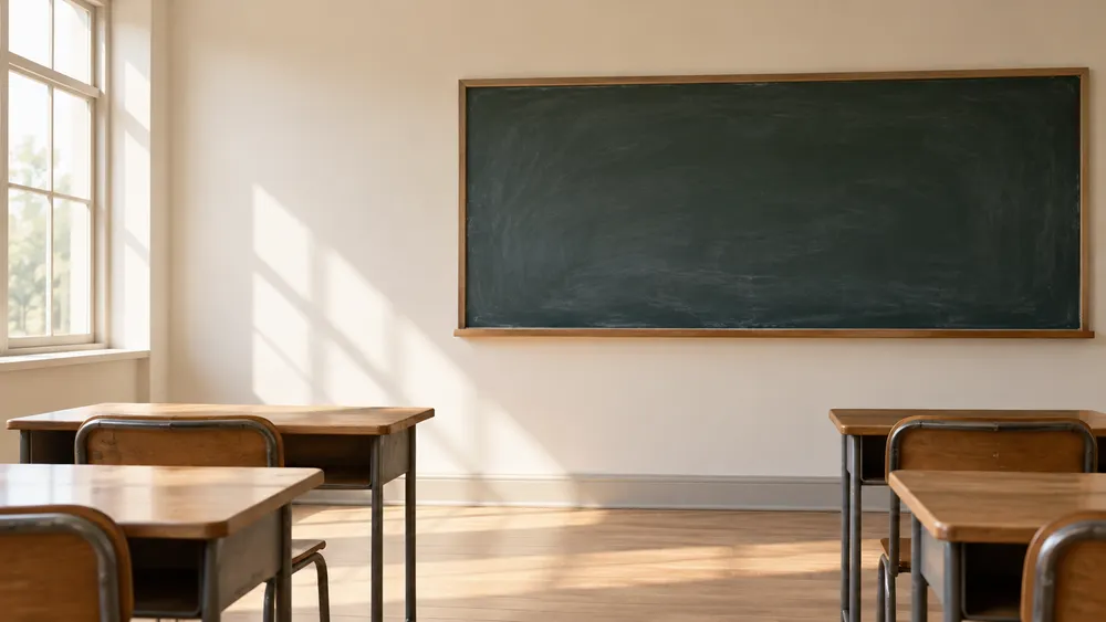 AI-generated editorial illustration of an empty generic classroom with desks and a blank board; not a photograph of an Ohio school or court proceeding.