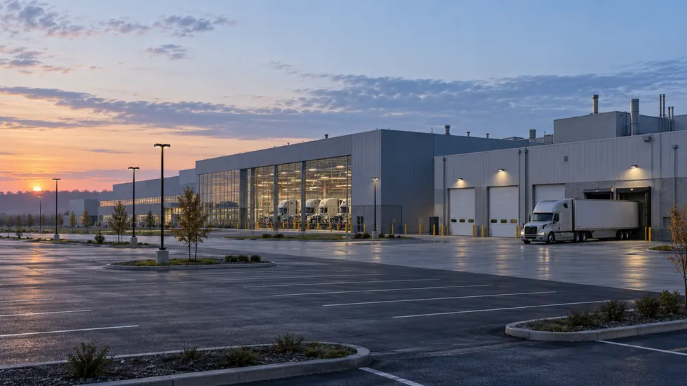 Illustrative view of a modern heavy-truck assembly plant in Ohio at dawn with an empty parking area.
