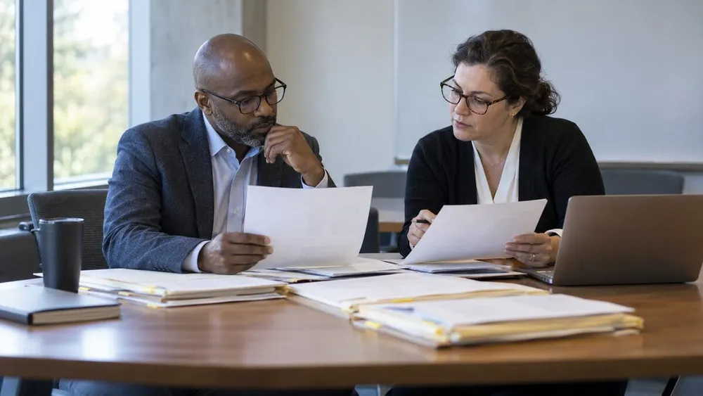 Two admissions professionals reviewing anonymized application materials in an unbranded academic conference room