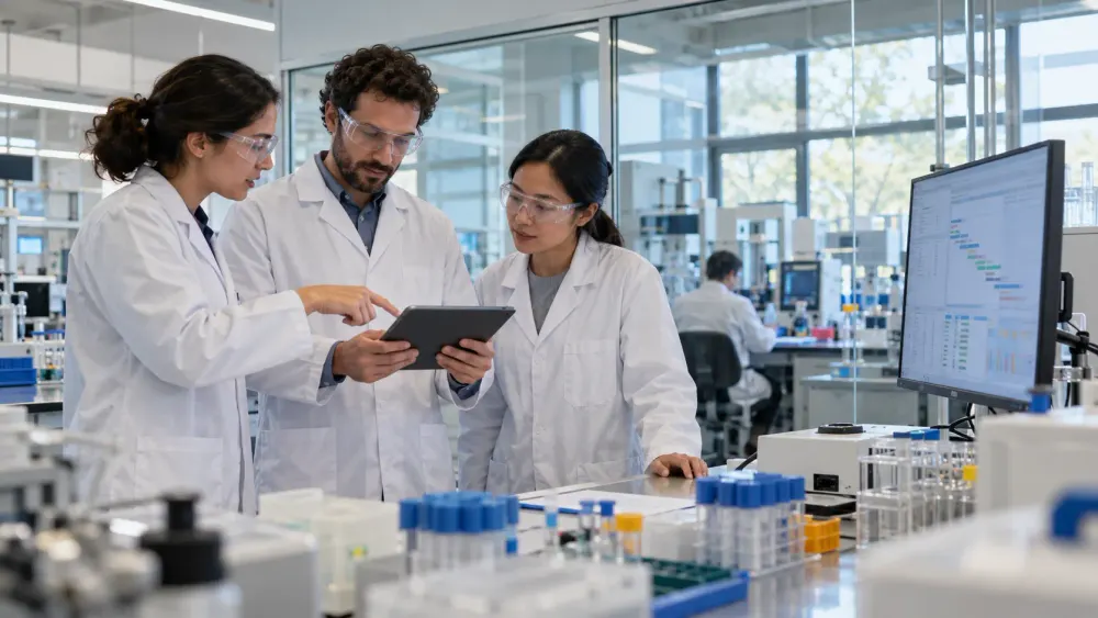 Three biopharmaceutical researchers review a tablet beside laboratory equipment and a project schedule.