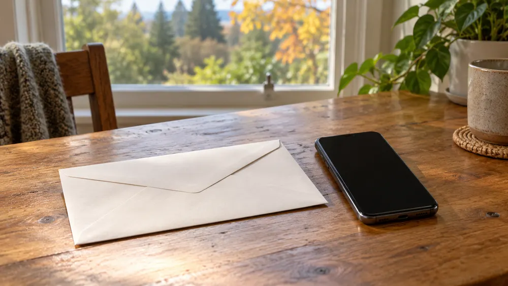 AI-generated illustrative still life of a plain sealed envelope beside a smartphone with an unlit screen; not an actual ballot, voter record or election event.