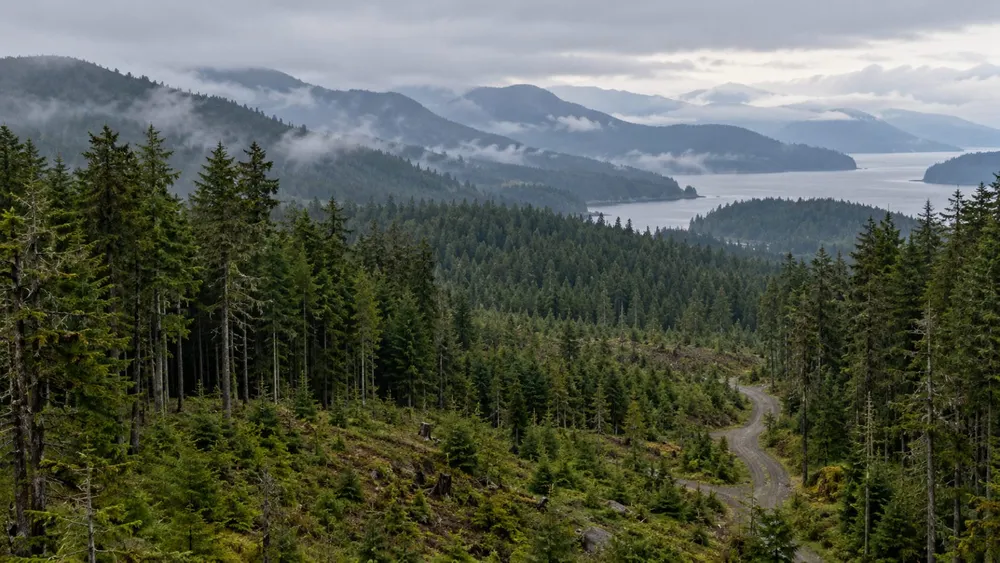 AI-generated illustration of a generic Pacific Northwest forest; not a photograph of the Elliott State Research Forest or current board activity.