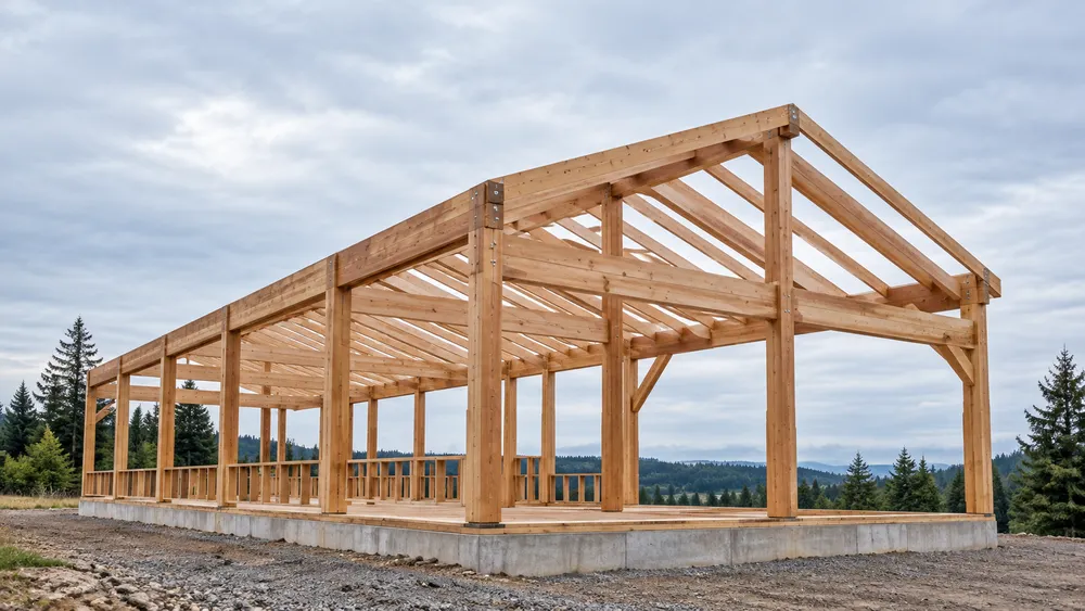 AI-generated editorial illustration of an unfinished timber building frame in a generic Oregon setting; not a photograph of a particular employer or September construction activity.