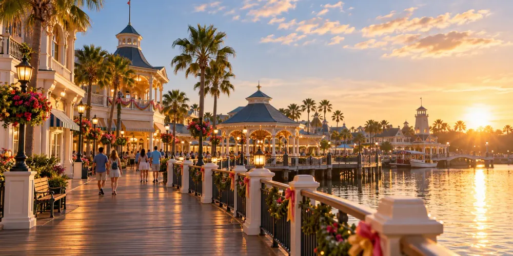 Visitors approach an unbranded vintage Florida boardwalk entertainment venue in warm morning light.