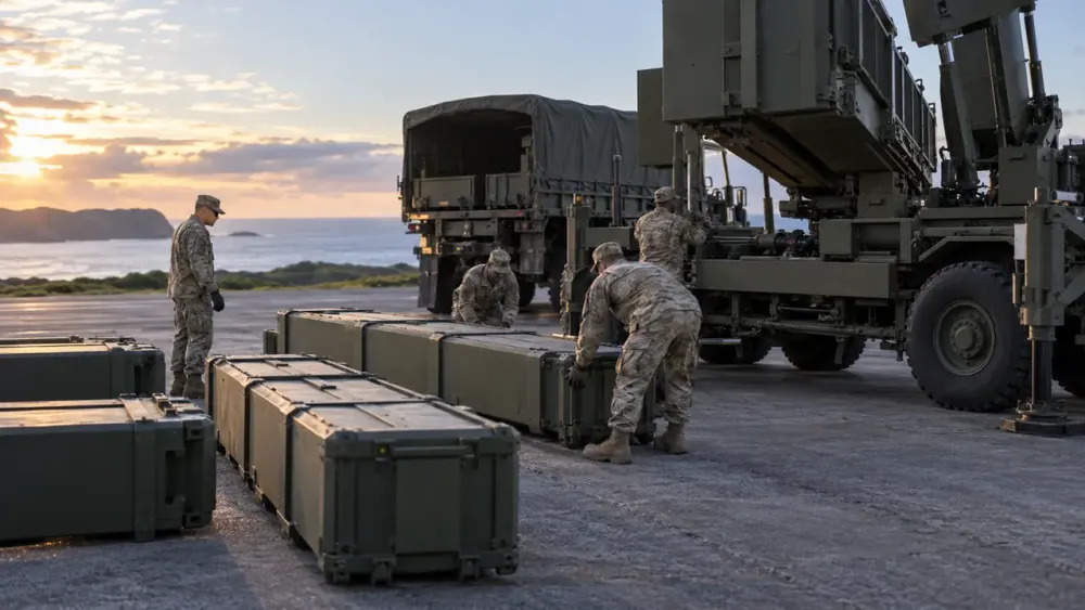 Military logistics personnel arrange unmarked equipment containers at a coastal Pacific airfield.