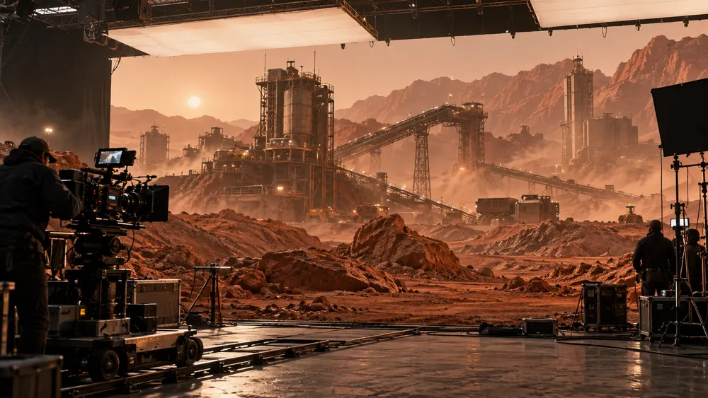 A film crew prepares a camera on a soundstage built as a rust-red futuristic mining landscape.