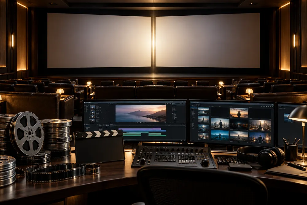 Studio screening room and production control desk symbolizing the integration of two entertainment companies